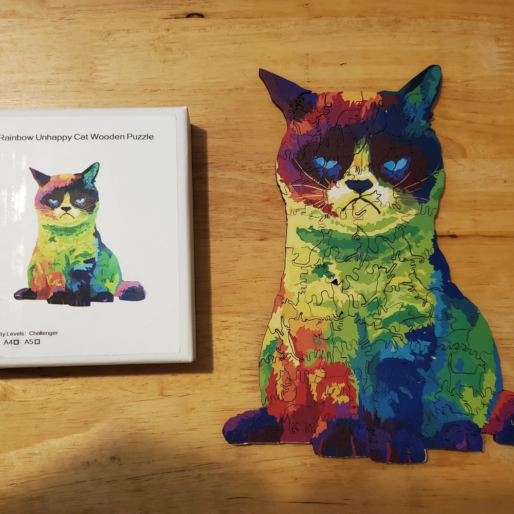 Rainbow Grumpy Cat Wooden Puzzle - Small A4, 116 Pieces
